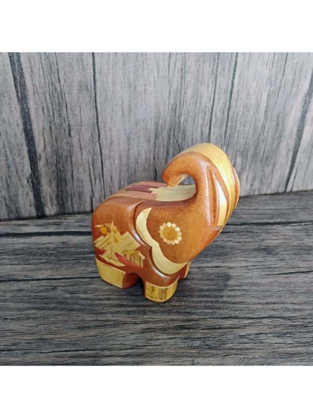 Handcrafted Wooden Elephant Figurine With Ornate Asian Veneer Accents 4", Trunk - Picture 7 of 9